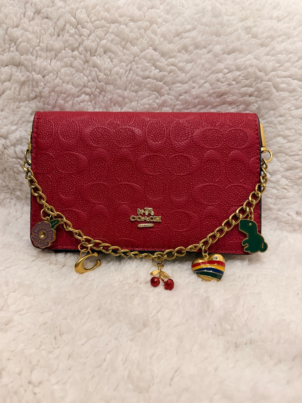 Coach Red Leather Crossbody Wallet & Card Case with Charm Strap